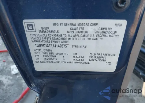 2001 Chevrolet Tahoe Lt из США, поврежденный, VIN 1GNEC13T11J142675